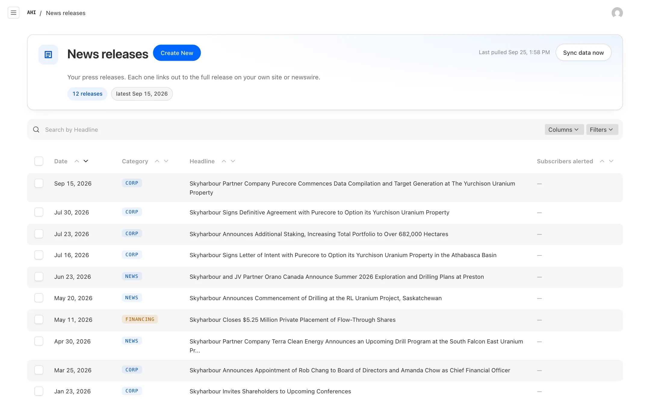 The News releases screen in the All Hands In admin: every release pulled in from the company's newsroom, newest first