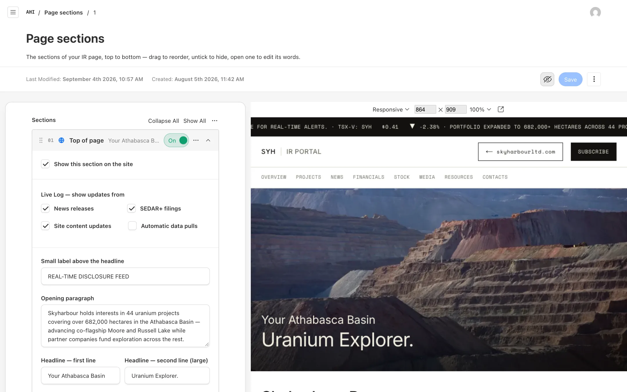 The Page sections editor: the sections of the IR page on the left, the live site updating beside them