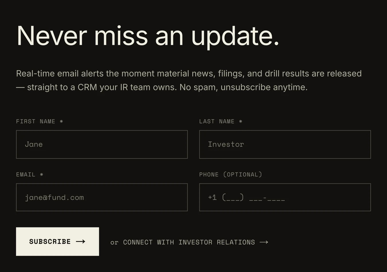 The investor email signup on the Skyharbour site: first name, last name, email and phone