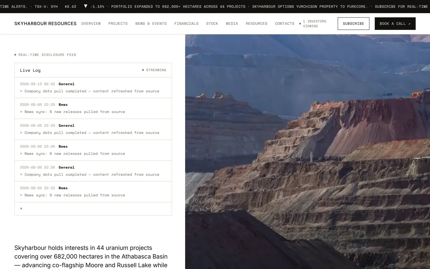 The Skyharbour Resources investor-relations site: live log, ticker tape and hero