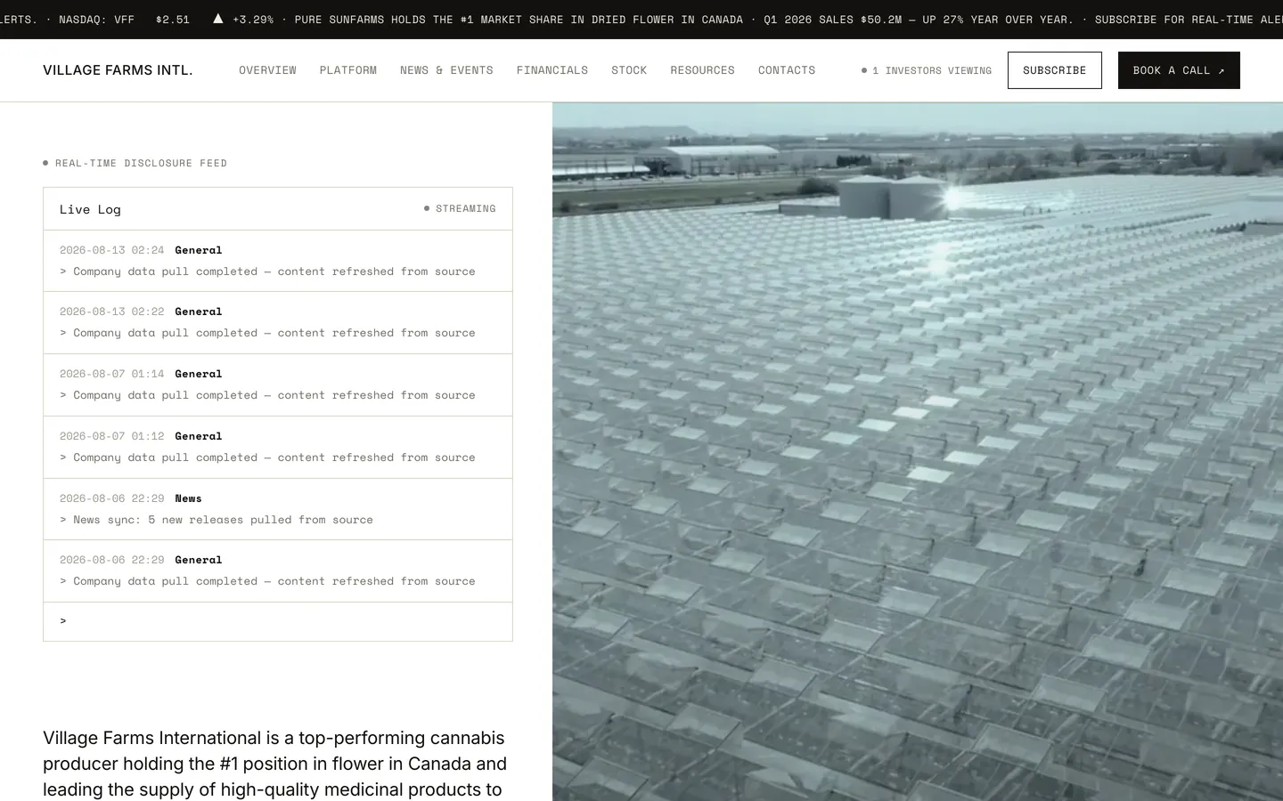 The Village Farms International investor-relations site: live log, ticker tape and hero